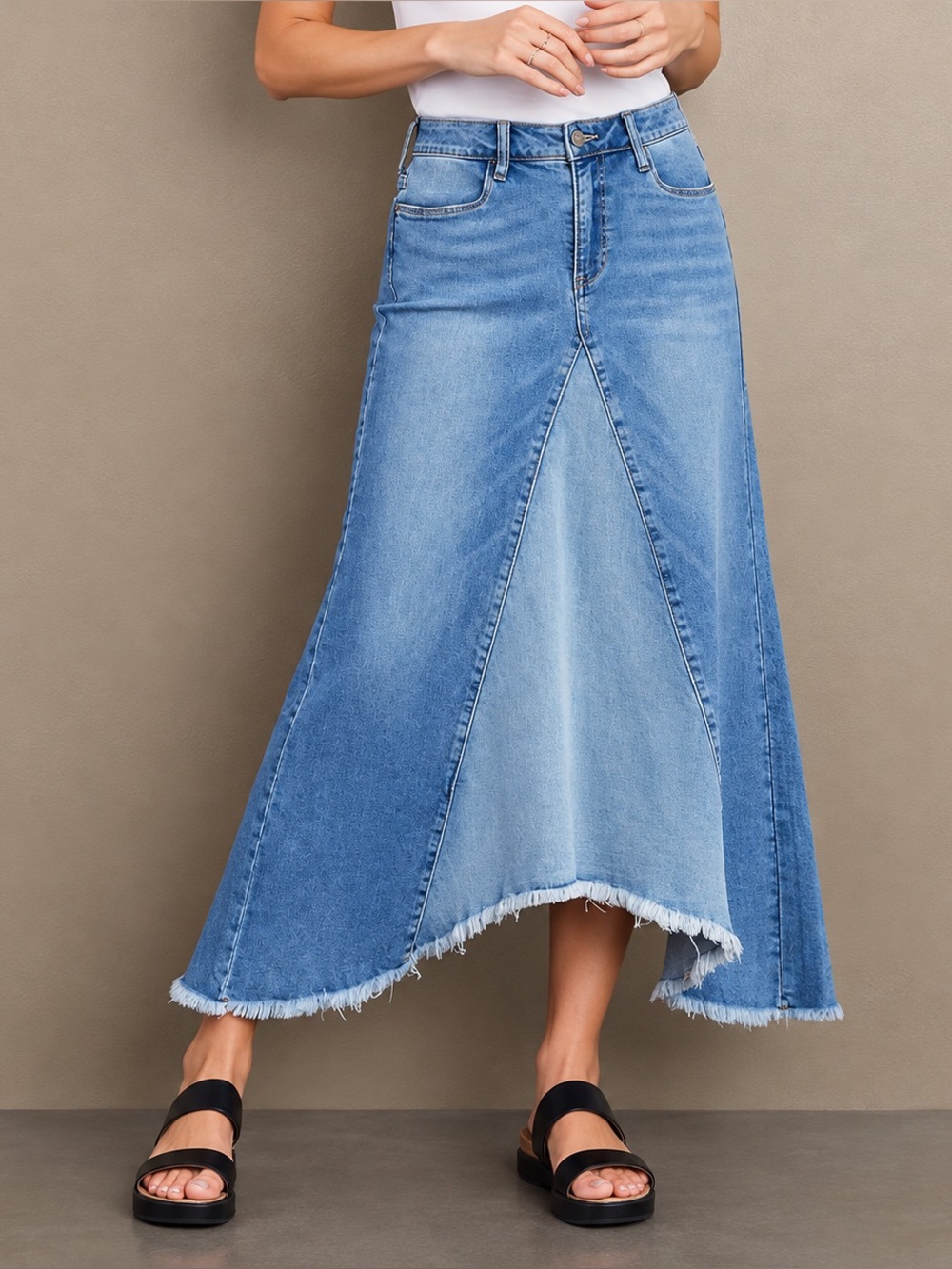 Wash Lab Selma Pieced Panel Denim Frayed Hem Midi Skirt